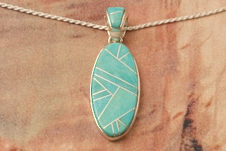 Calvin Begay Genuine Kingman Turquoise Sterling Silver Oval  Pendant